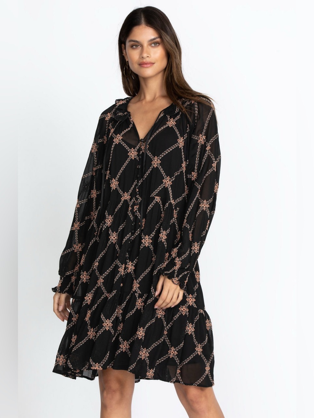 Johnny Was “Jackie” Black Embroidered Peasant Mini Dress Size Small